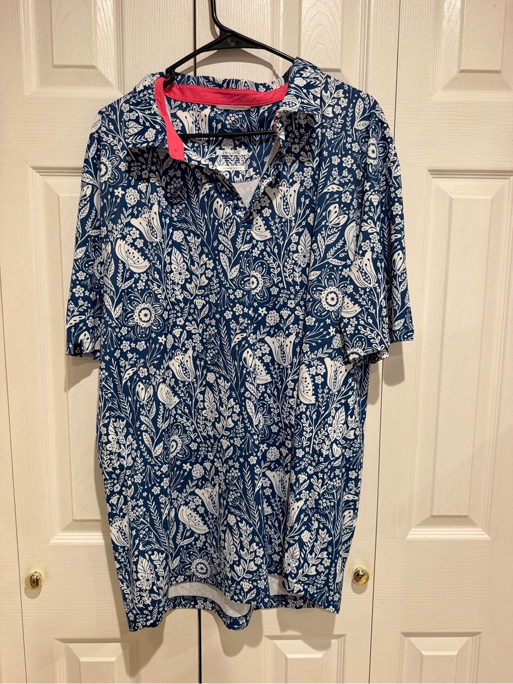 Men's Navy Floral Polo with Pink Contrast Trim